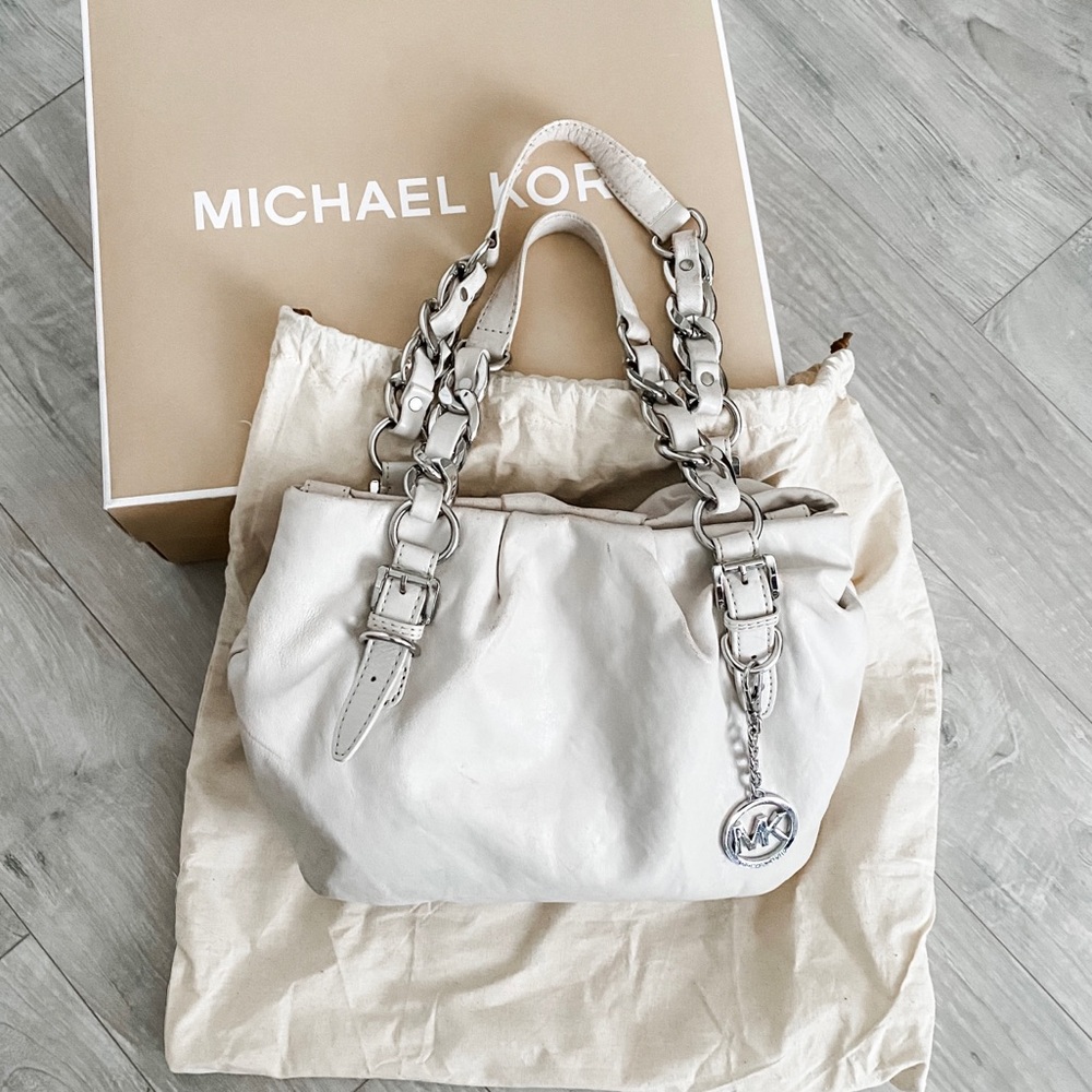Michael Kors Leather Shoulder Tote Bag Vanilla with Silver